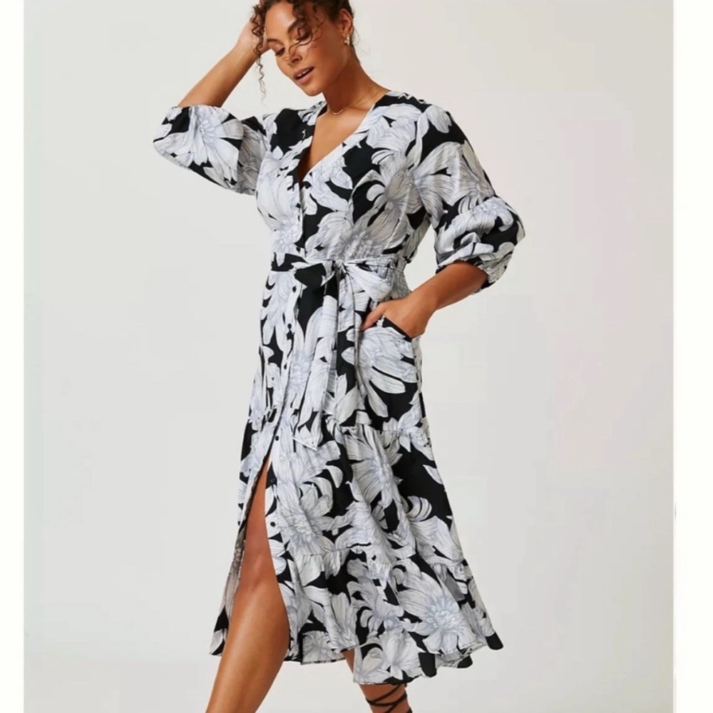 Anthropologie Maeve Puff-Sleeved Midi Dress tiered black white 100% cotton